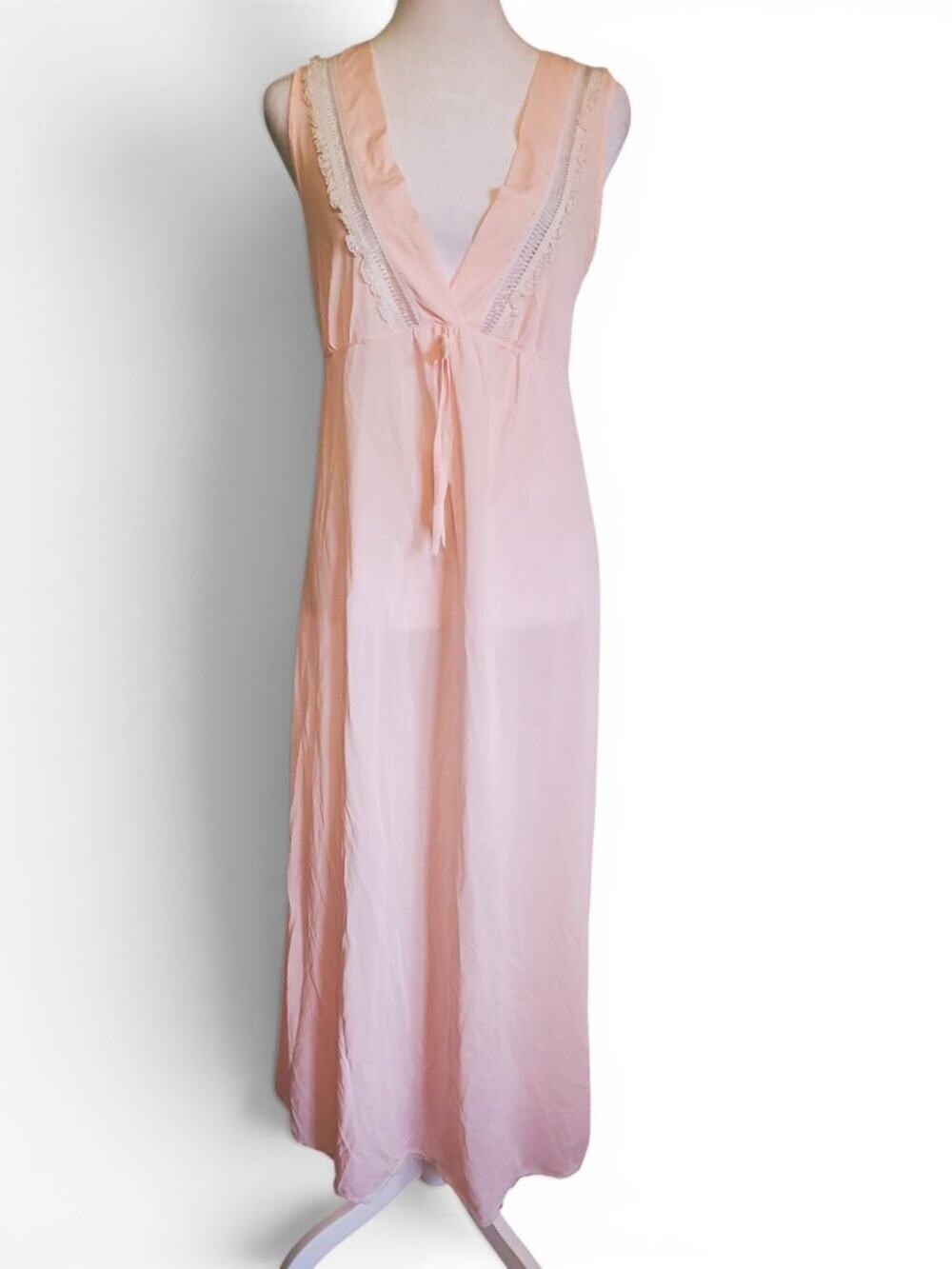 Vintage 70s Pastel Pink V Neck Sleeveless Lace Detail Maxi Night Gown